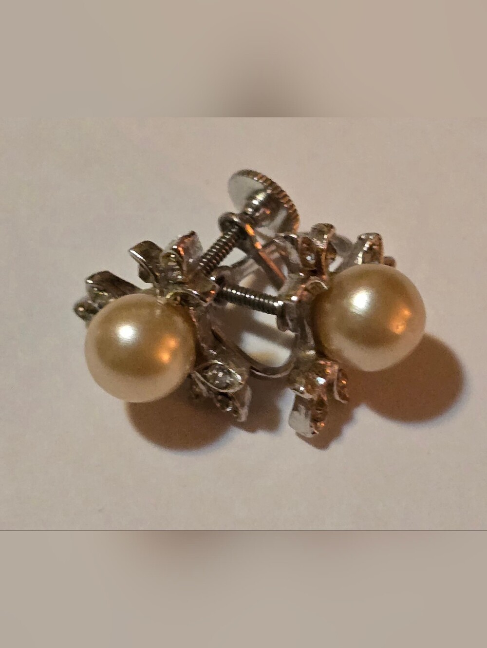 Delicate Faux Pearl Diamond Formal Wedding Earrings Vintage Preowned Screw Clip - Picture 2 of 5
